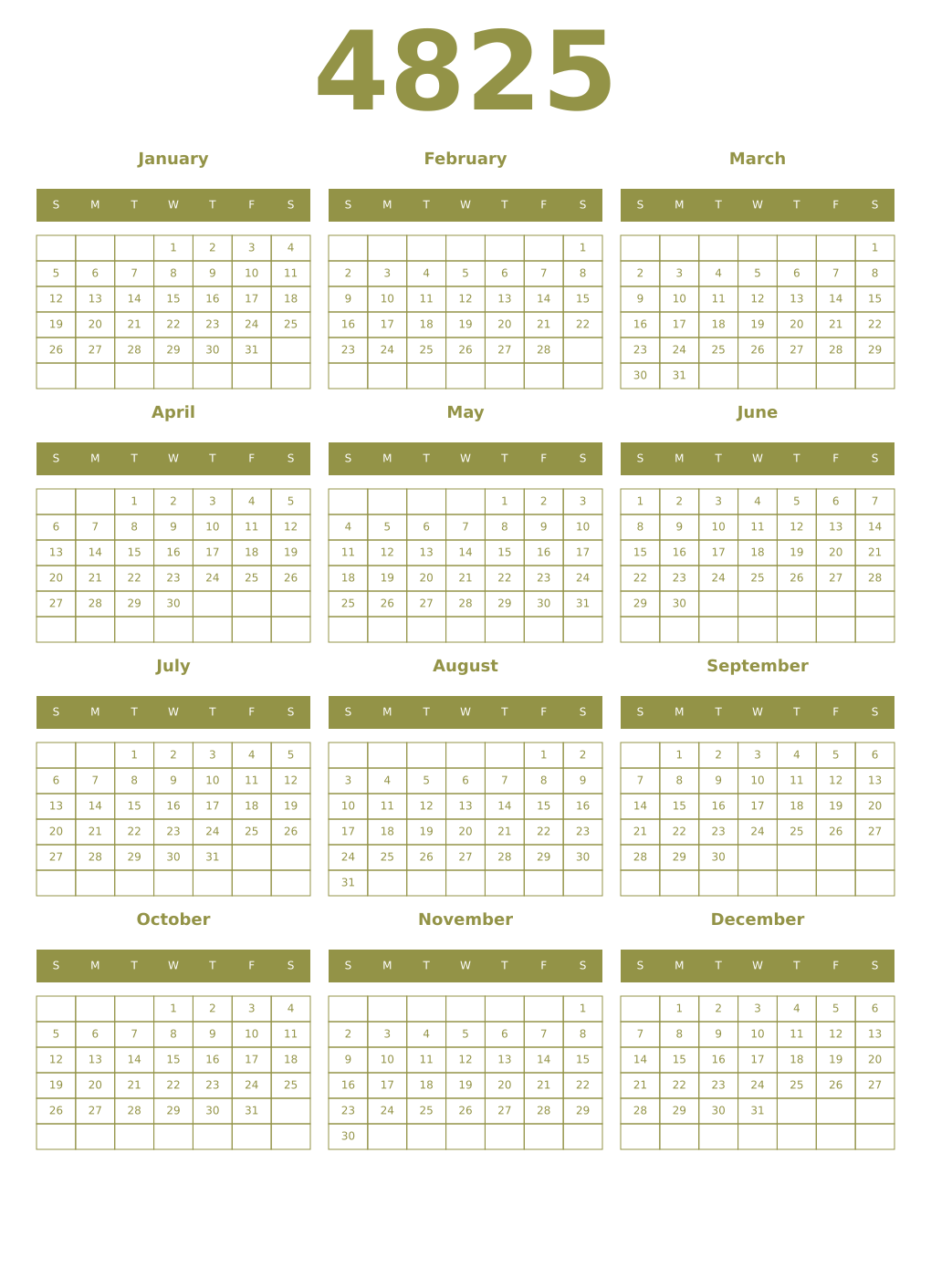Printable 4825 Year Calendars eburnean