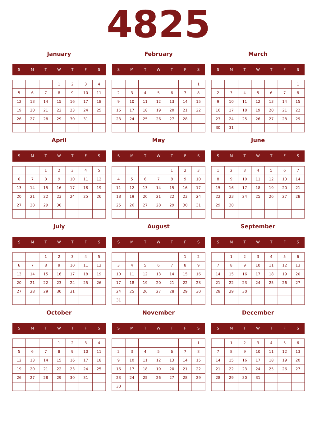 Printable 4825 Year Calendars falu
