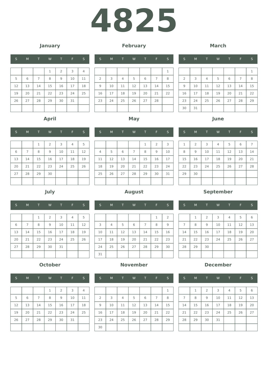 Printable 4825 Year Calendars feldgrau
