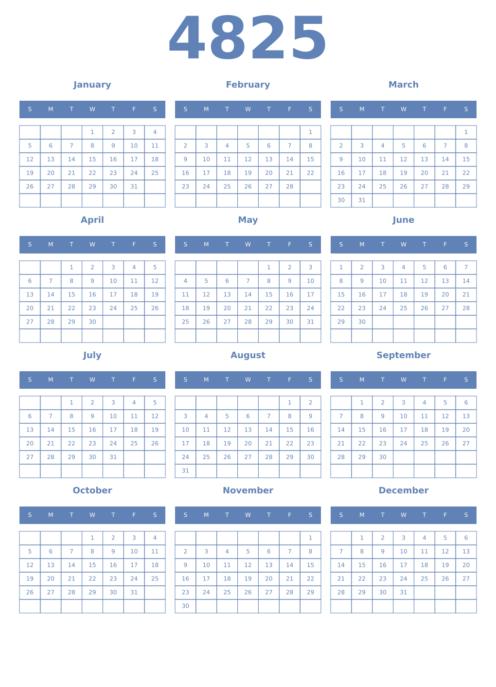 Printable 4825 Year Calendars glaucous