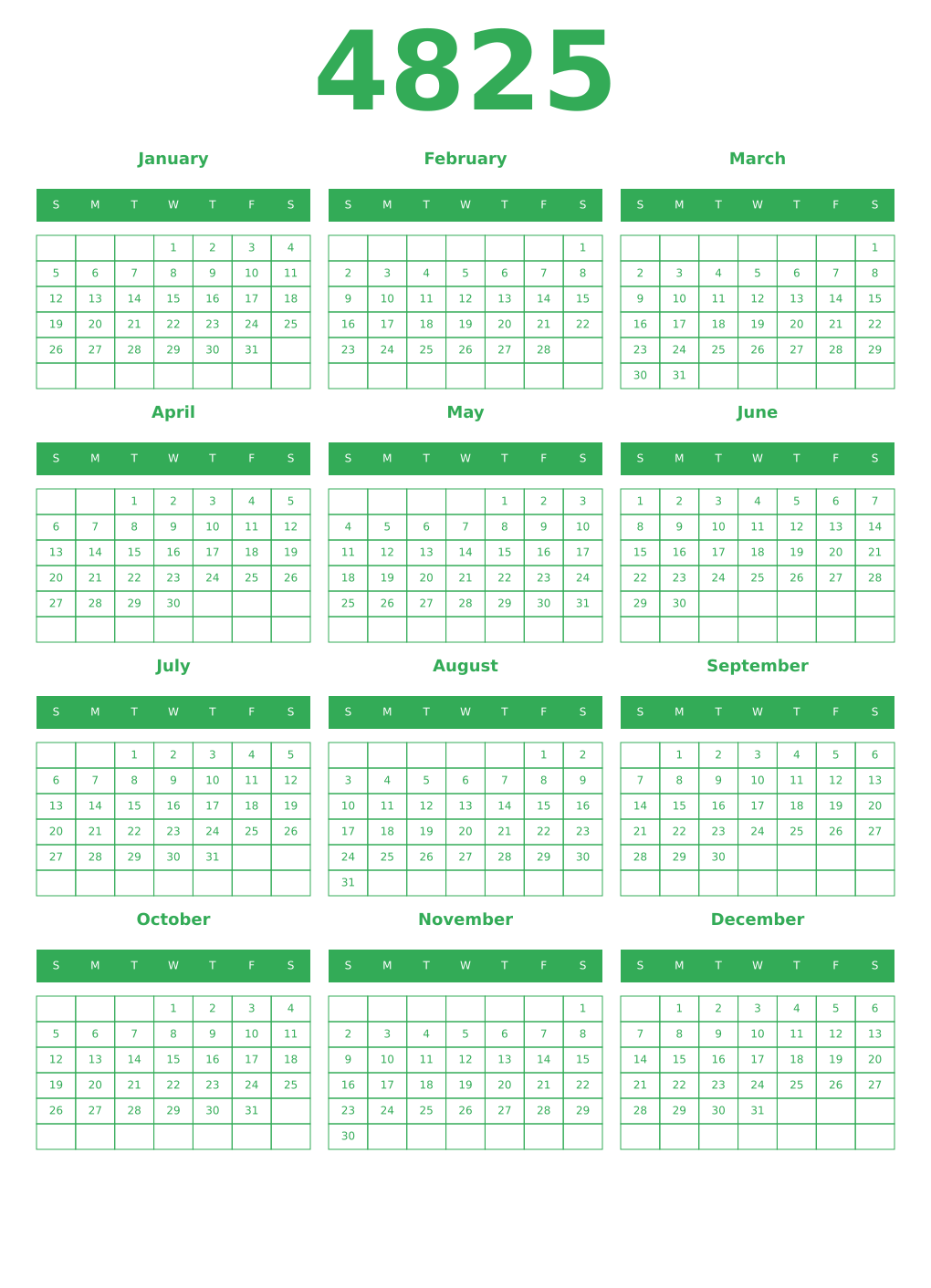 Printable 4825 Year Calendars green