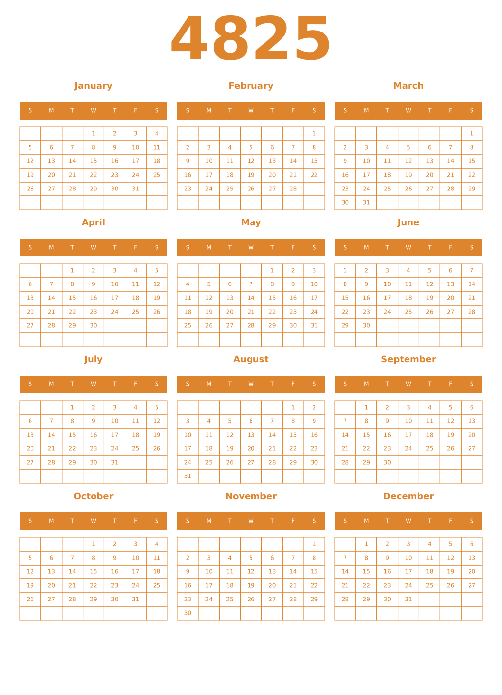 Printable 4825 Year Calendars orange