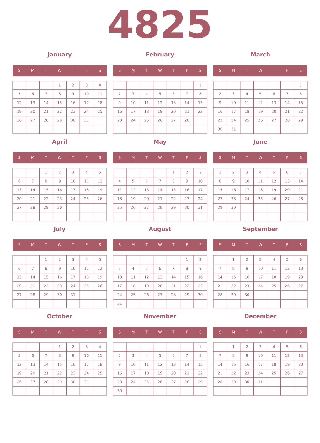 Printable 4825 Year Calendars puce