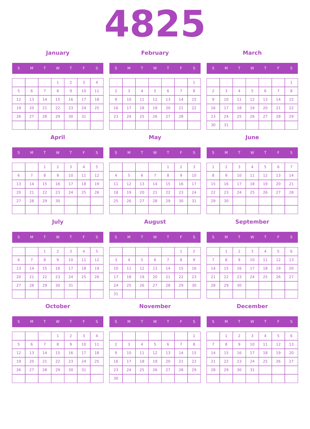 Printable 4825 Year Calendars purple