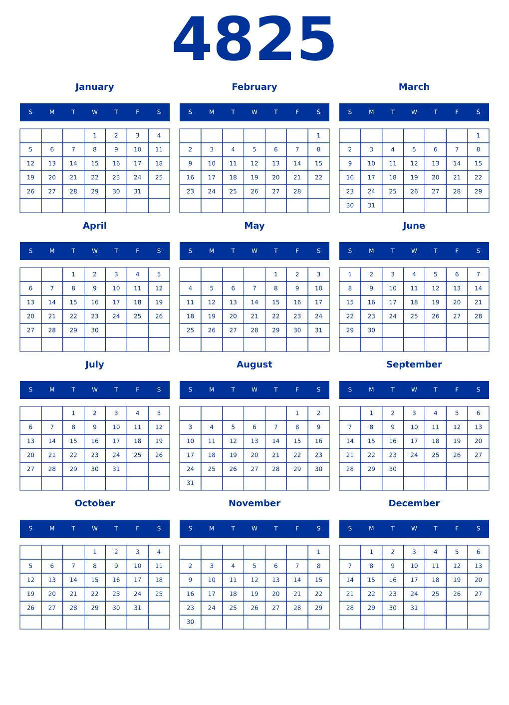 Printable 4825 Year Calendars smalt