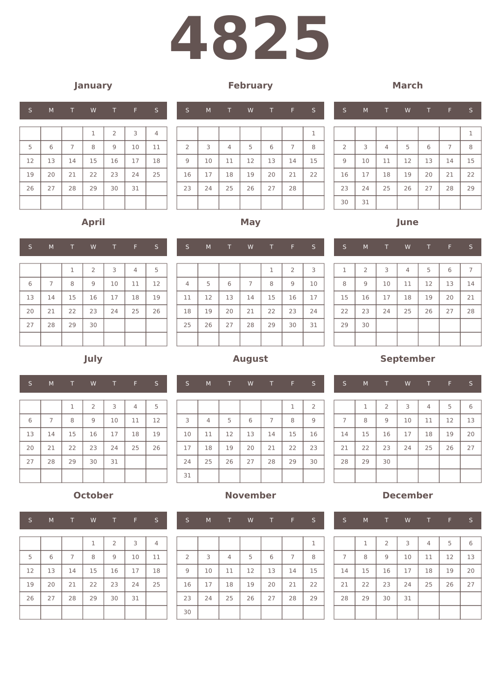 Printable 4825 Year Calendars wenge