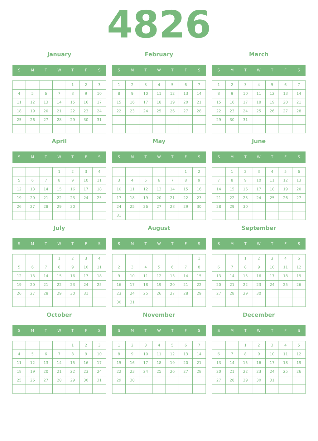 Printable 4826 Year Calendars celadon