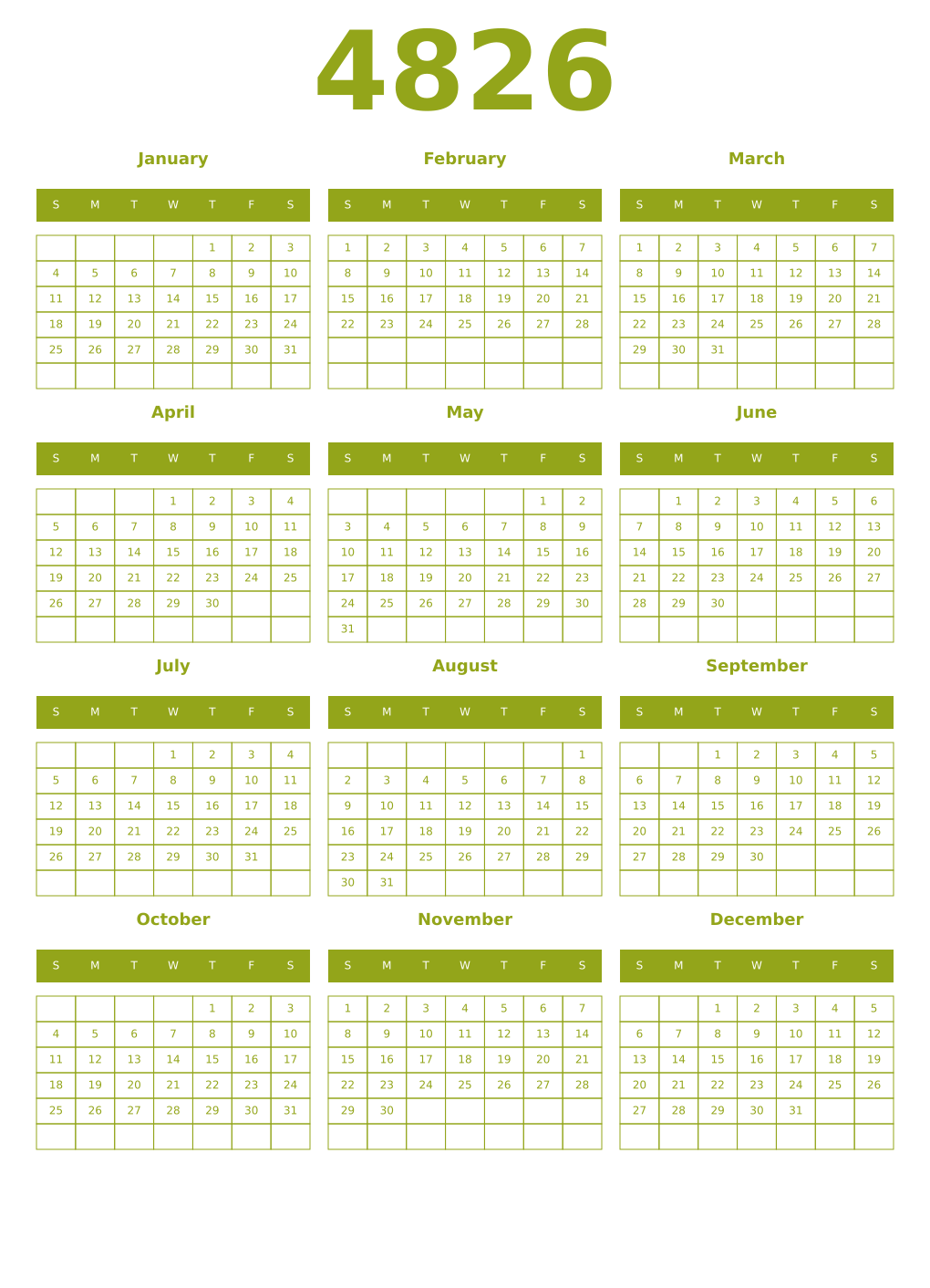 Printable 4826 Year Calendars chartreuse