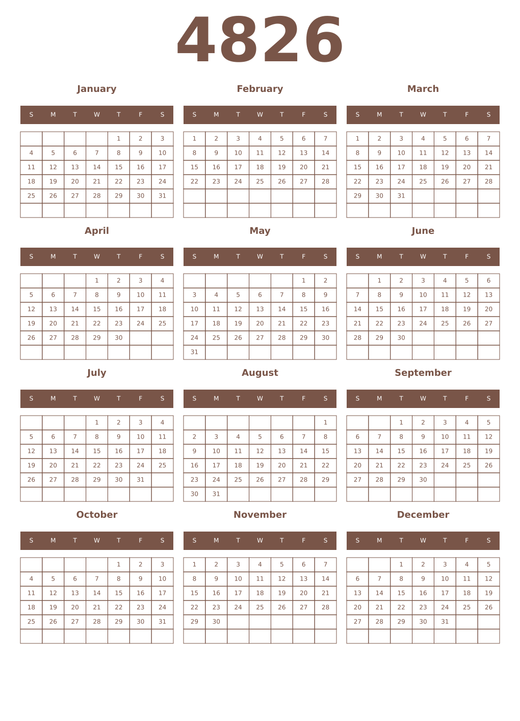 Printable 4826 Year Calendars coffe