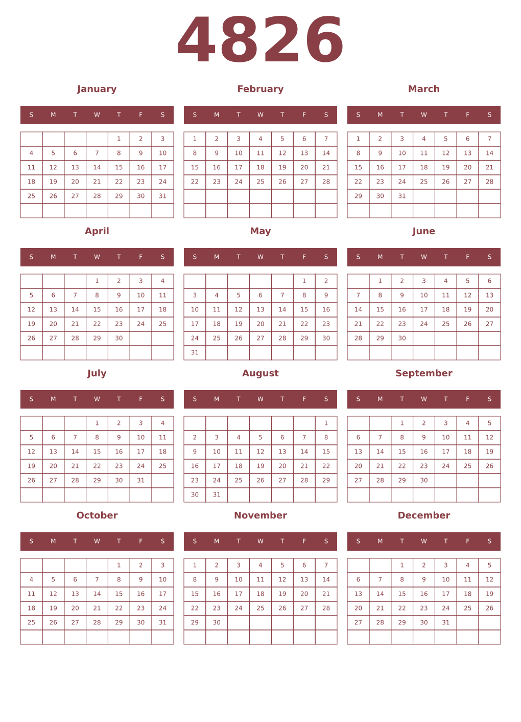 Printable 4826 Year Calendars cordovan