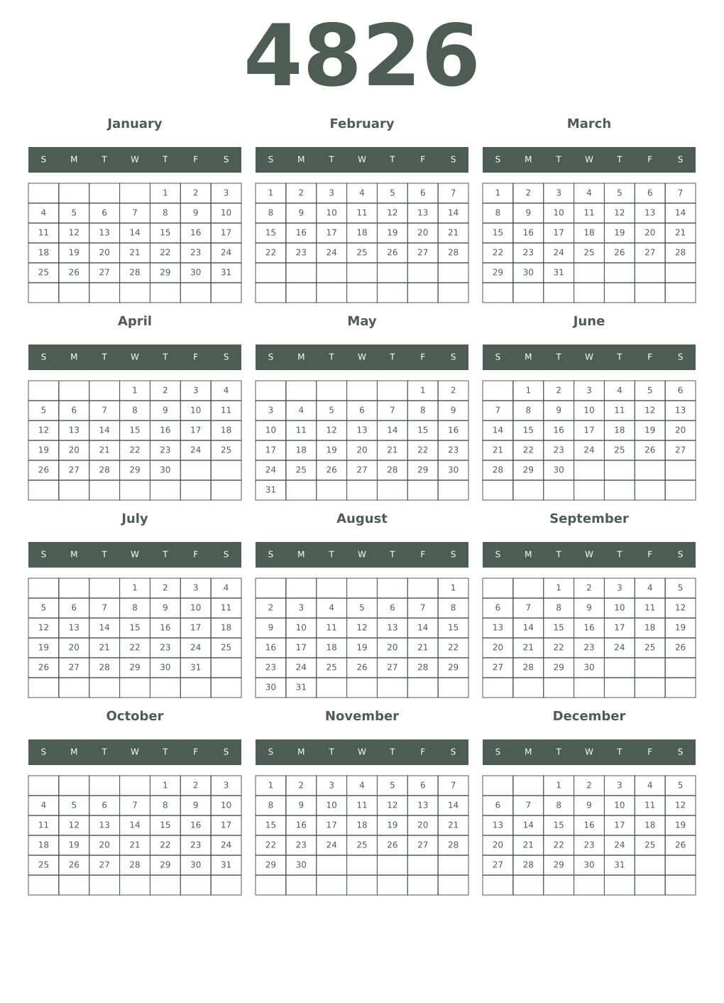 Printable 4826 Year Calendars feldgrau