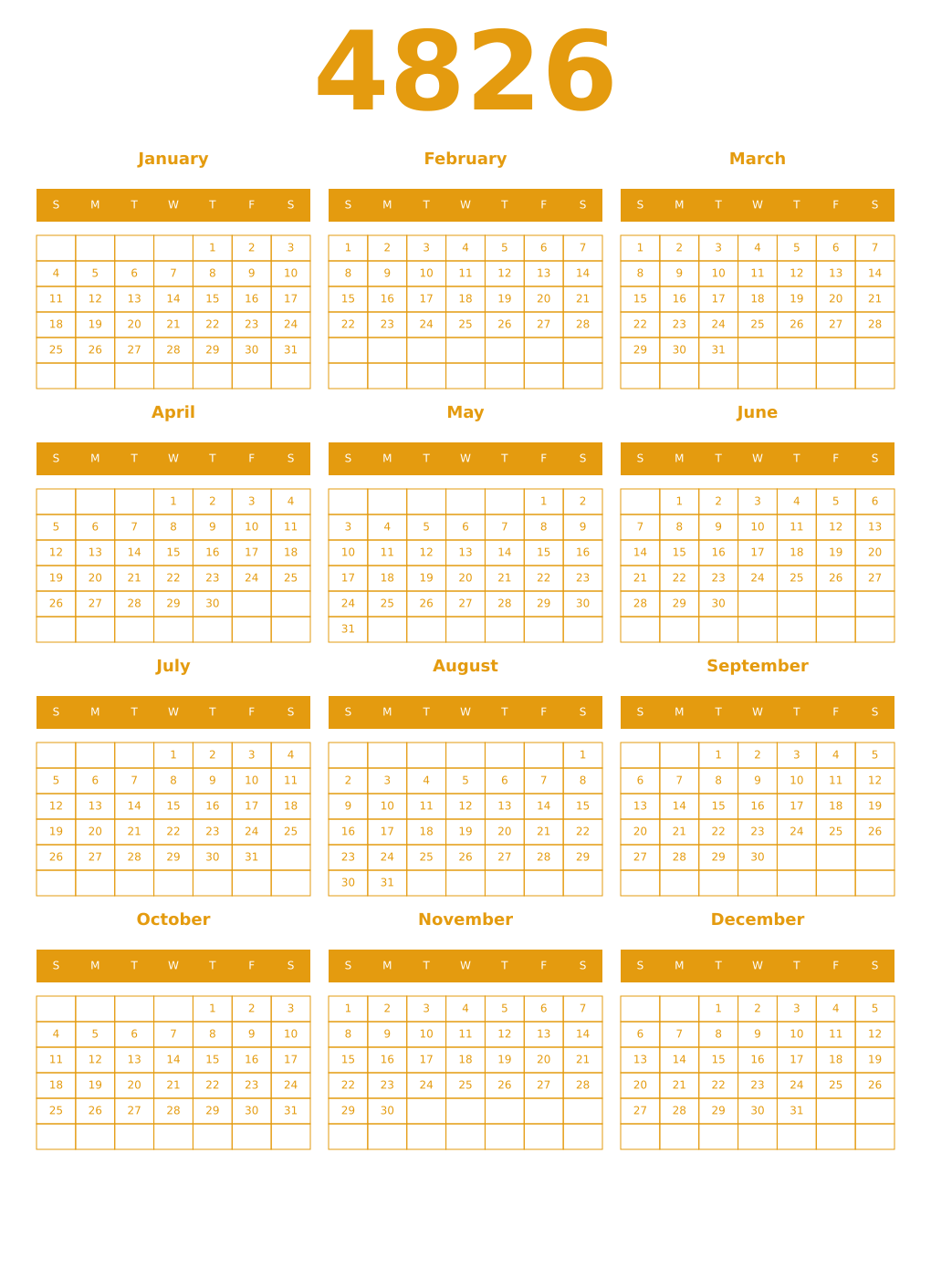 Printable 4826 Year Calendars gamboge