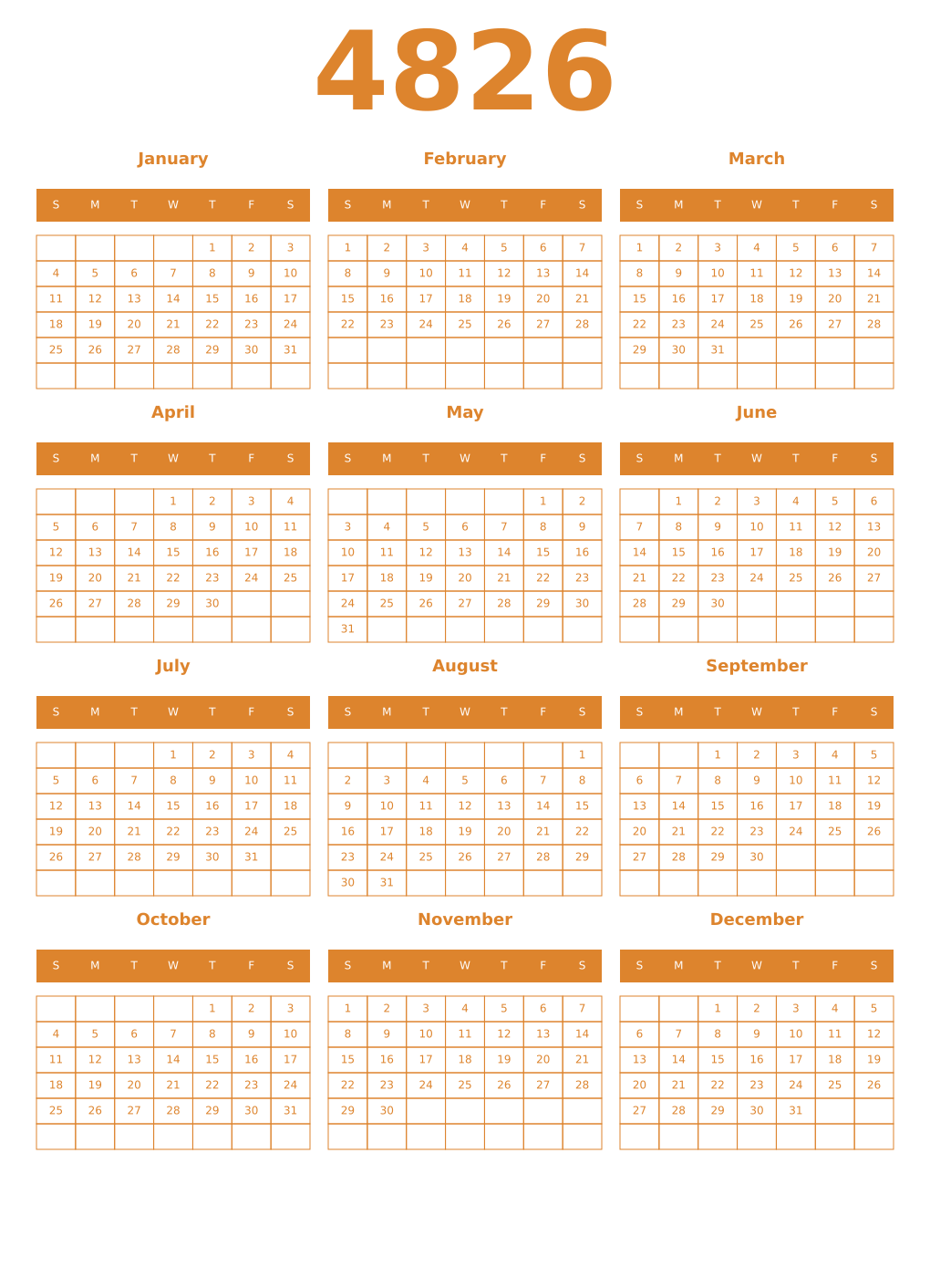 Printable 4826 Year Calendars orange