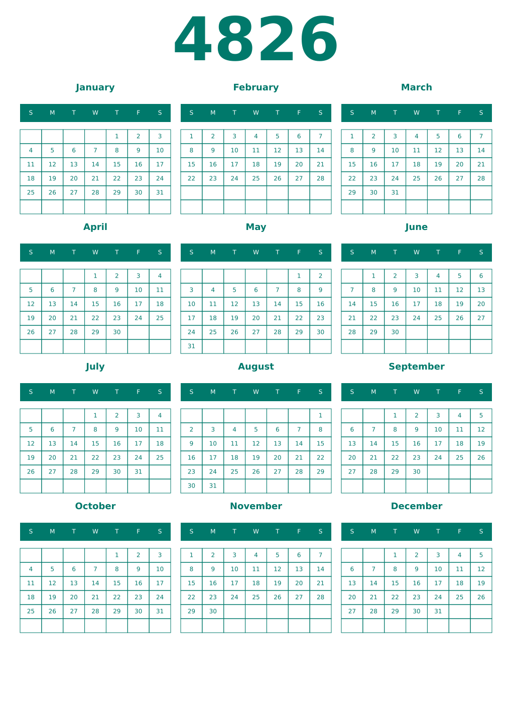 Printable 4826 Year Calendars pastel