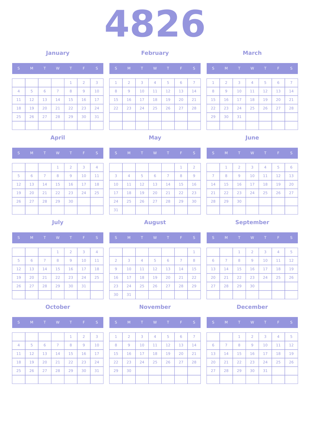 Printable 4826 Year Calendars periwinkle