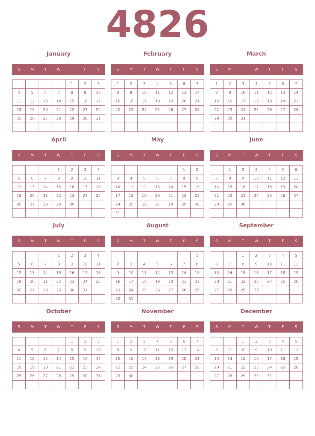 Printable 4826 Year Calendars puce