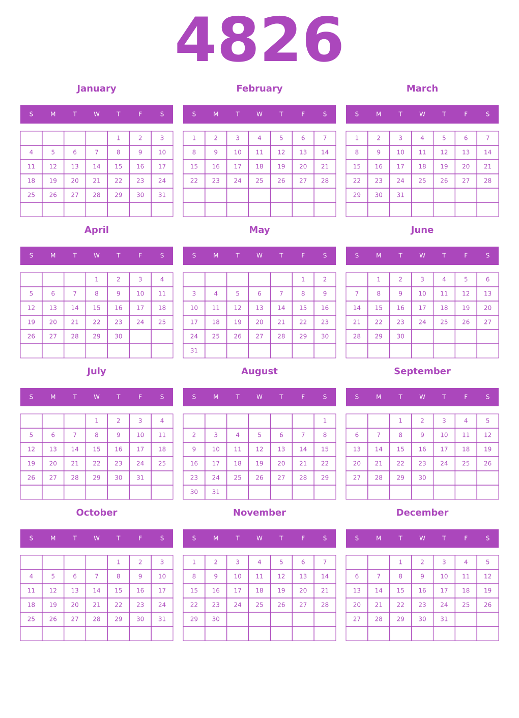 Printable 4826 Year Calendars purple