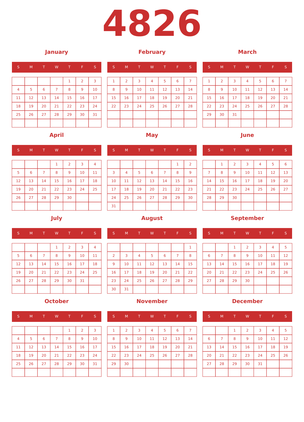 Printable 4826 Year Calendars red