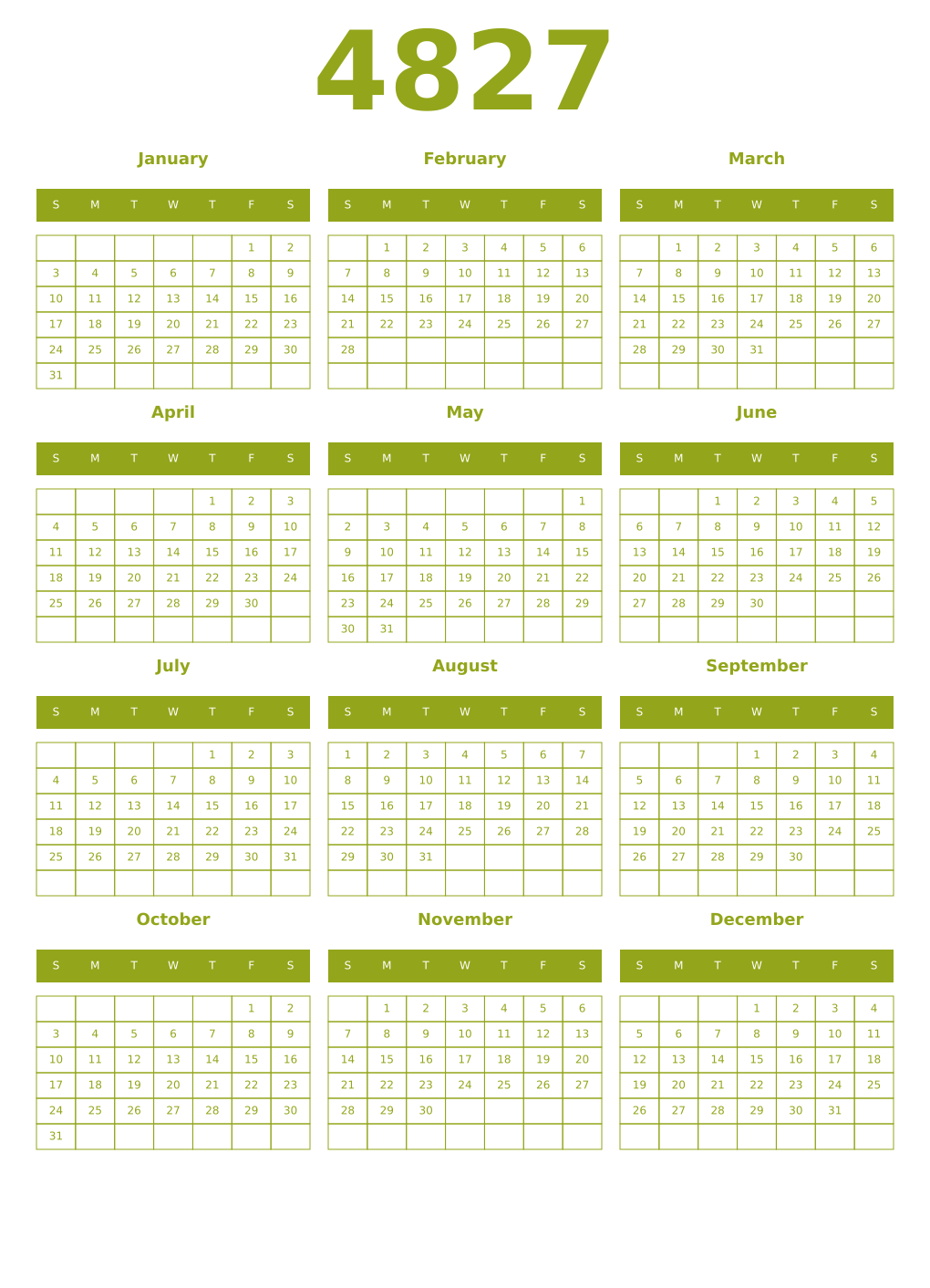 Printable 4827 Year Calendars chartreuse