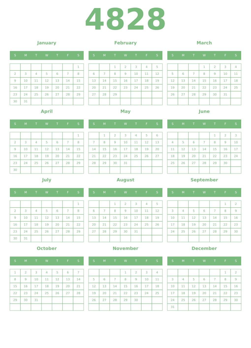 Printable 4828 Year Calendars celadon