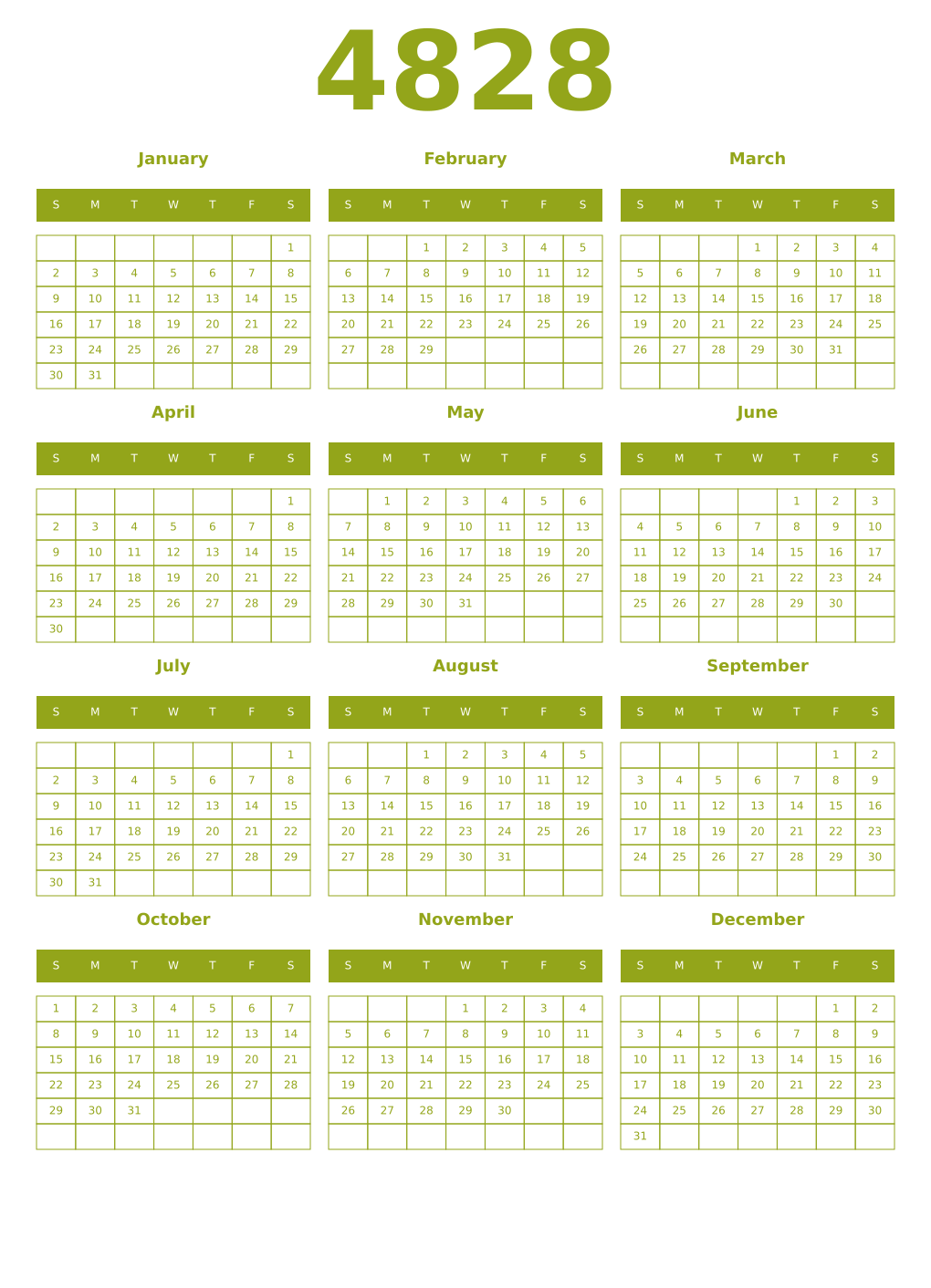 Printable 4828 Year Calendars chartreuse