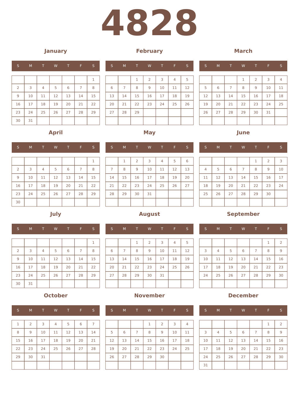 Printable 4828 Year Calendars coffe