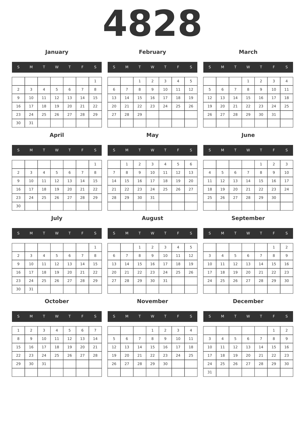 Printable 4828 Year Calendars dark