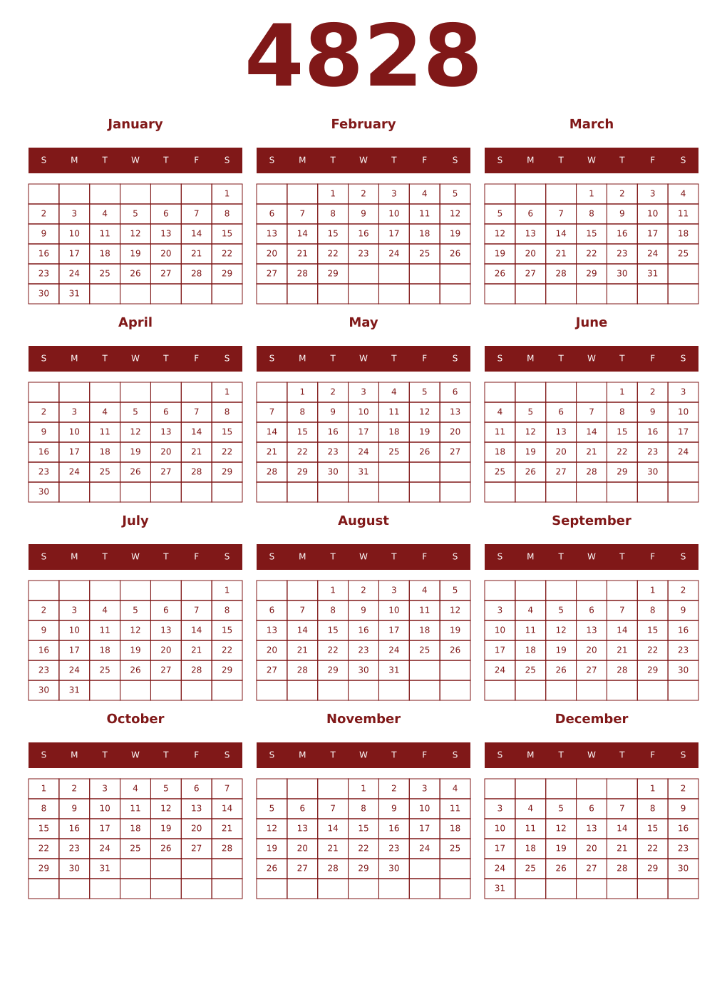 Printable 4828 Year Calendars falu