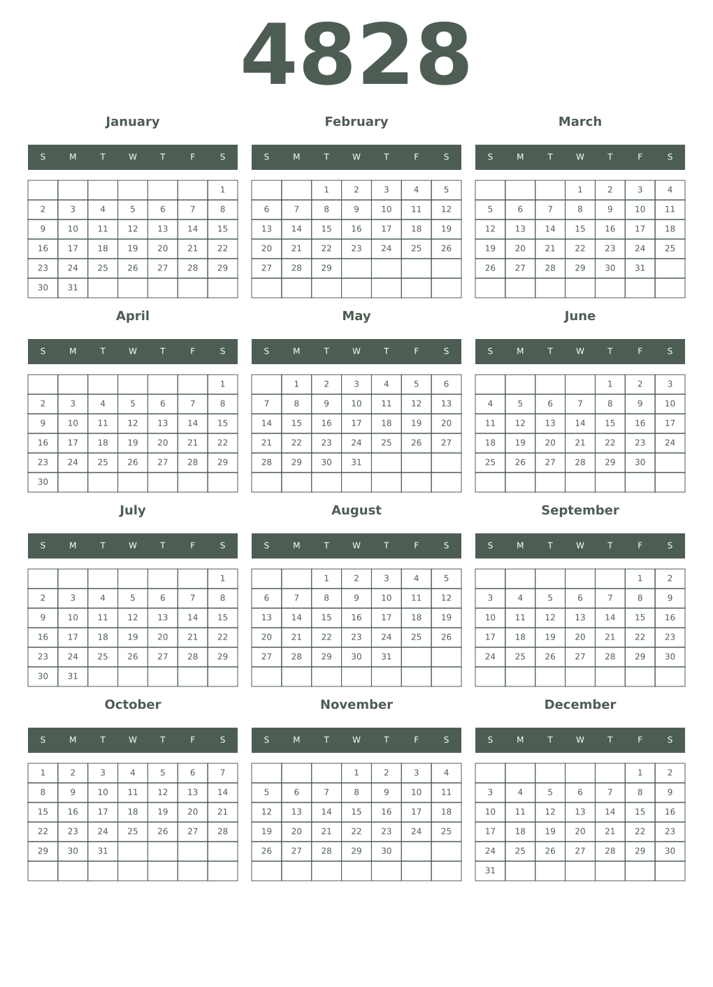 Printable 4828 Year Calendars feldgrau