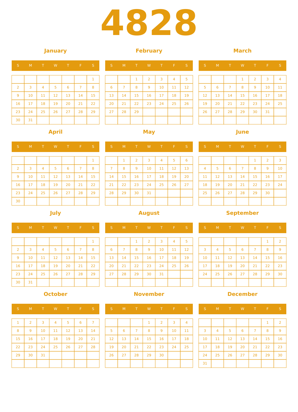 Printable 4828 Year Calendars gamboge