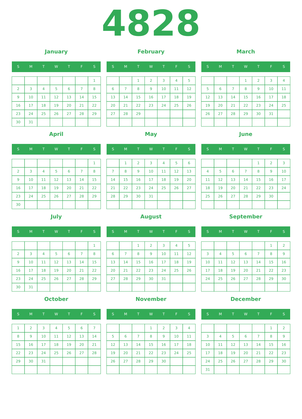 Printable 4828 Year Calendars green