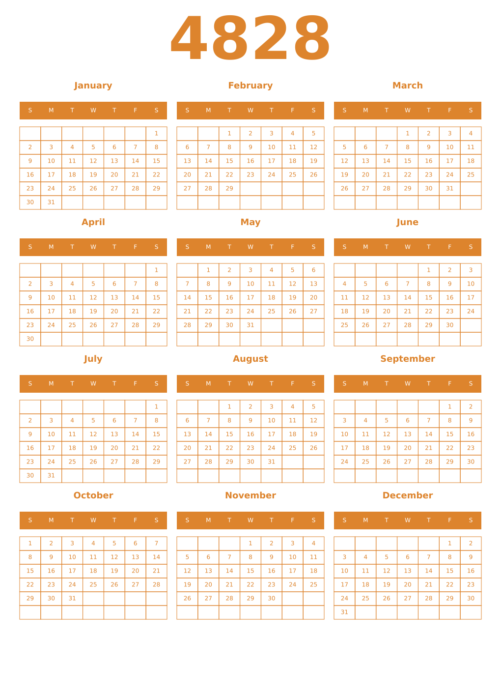 Printable 4828 Year Calendars orange