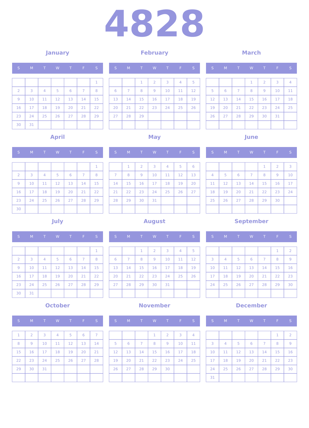Printable 4828 Year Calendars periwinkle