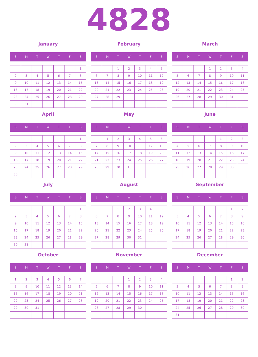 Printable 4828 Year Calendars purple