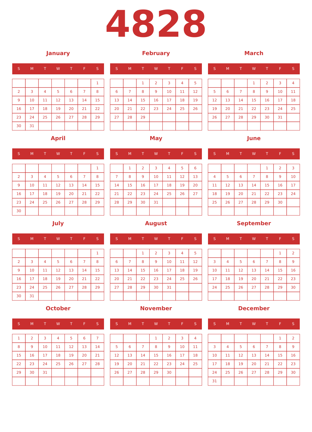 Printable 4828 Year Calendars red