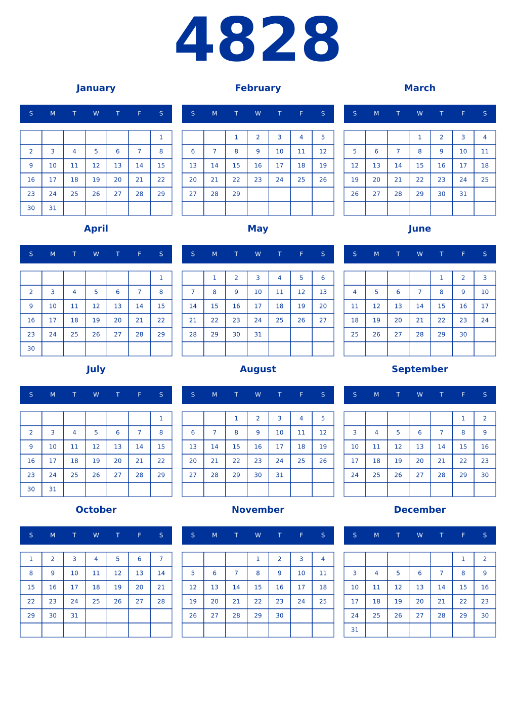 Printable 4828 Year Calendars smalt