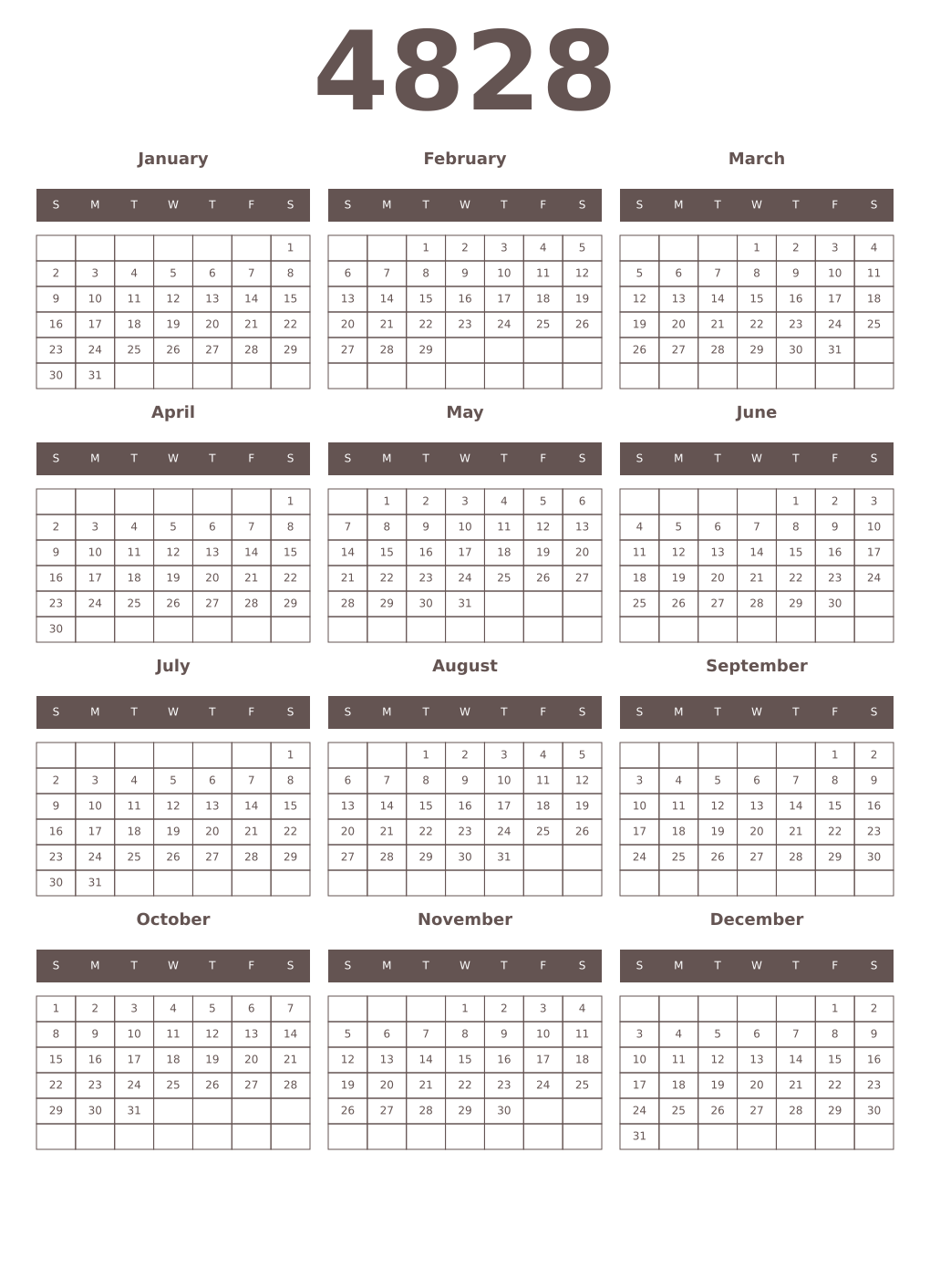 Printable 4828 Year Calendars wenge