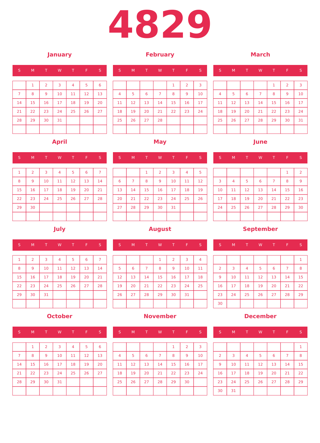 Printable 4829 Year Calendars amaranth