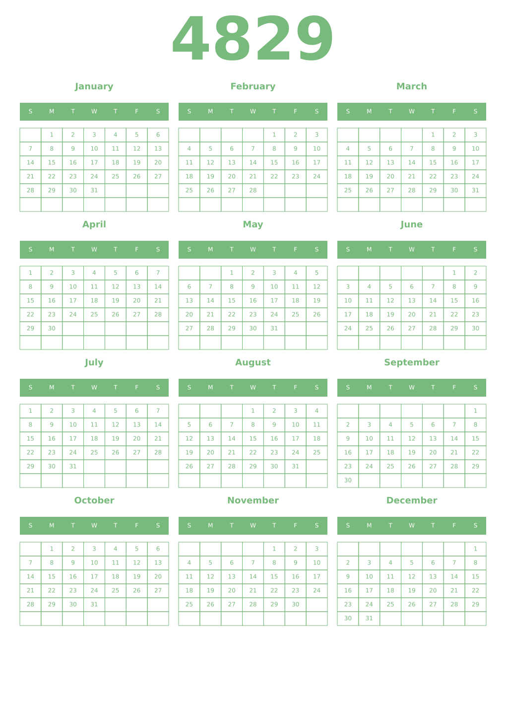 Printable 4829 Year Calendars celadon