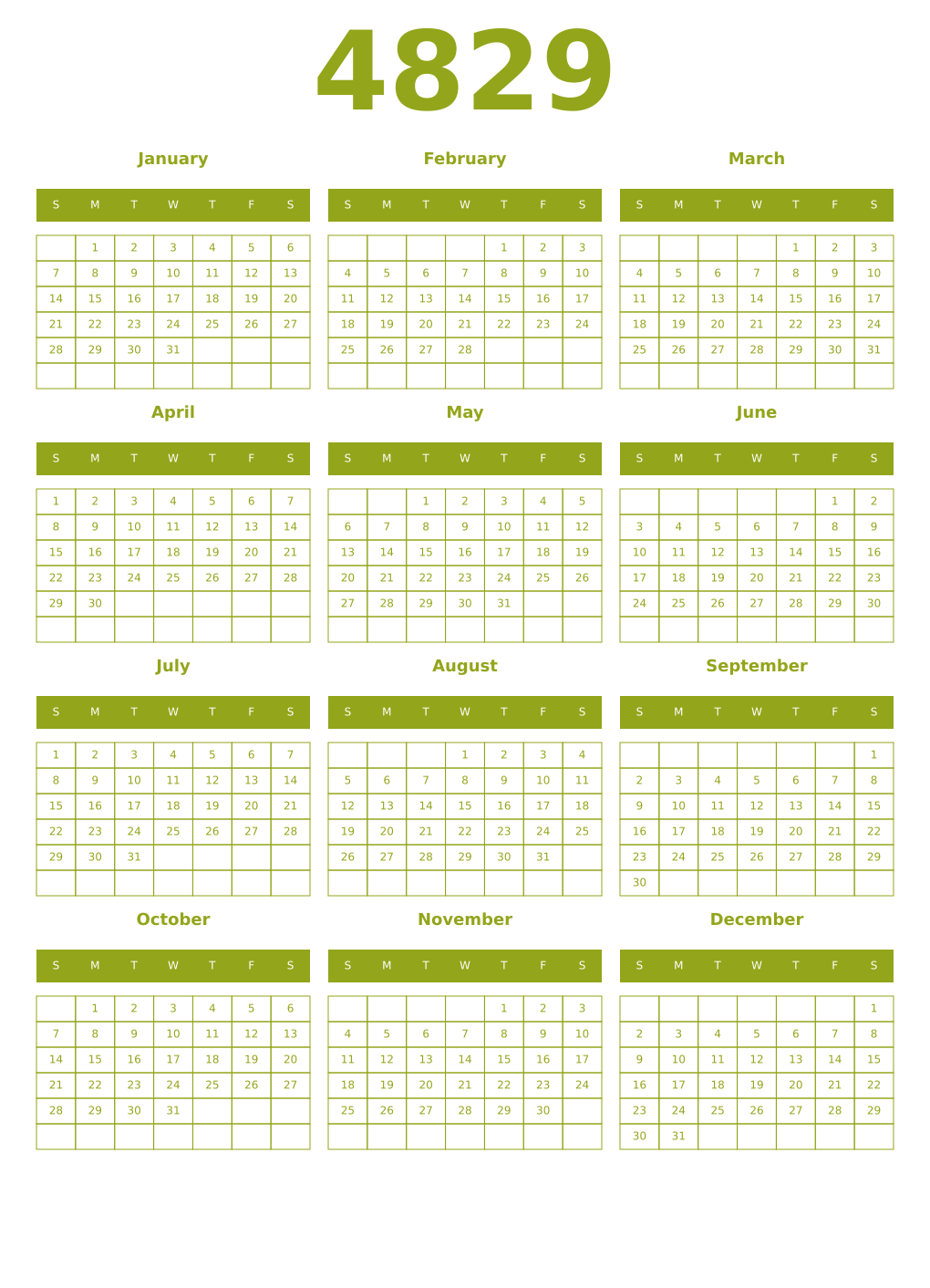 Printable 4829 Year Calendars chartreuse