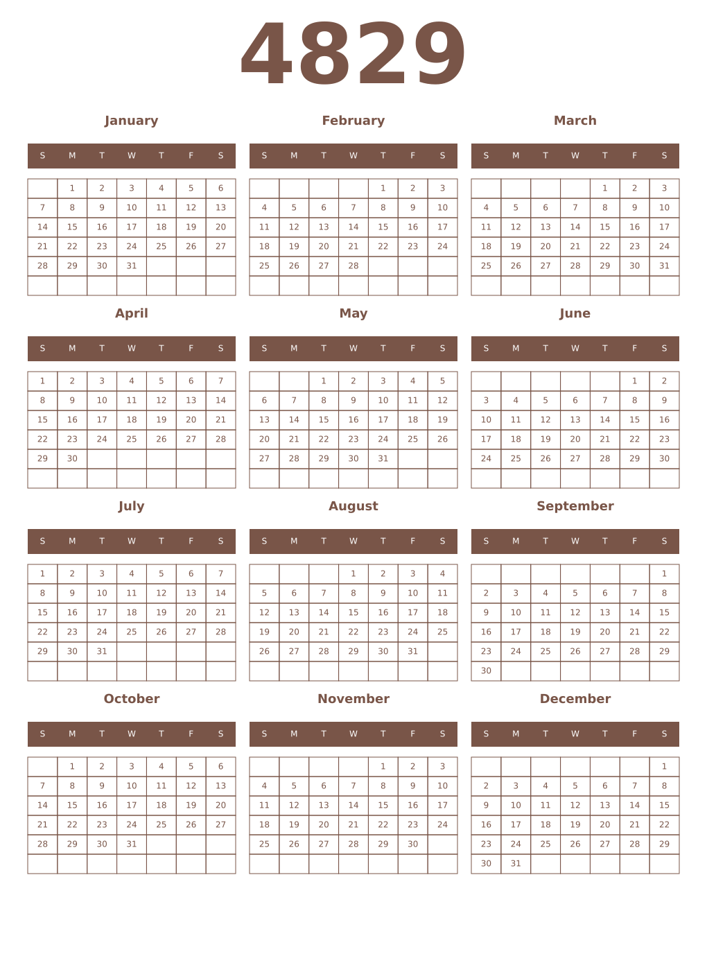 Printable 4829 Year Calendars coffe