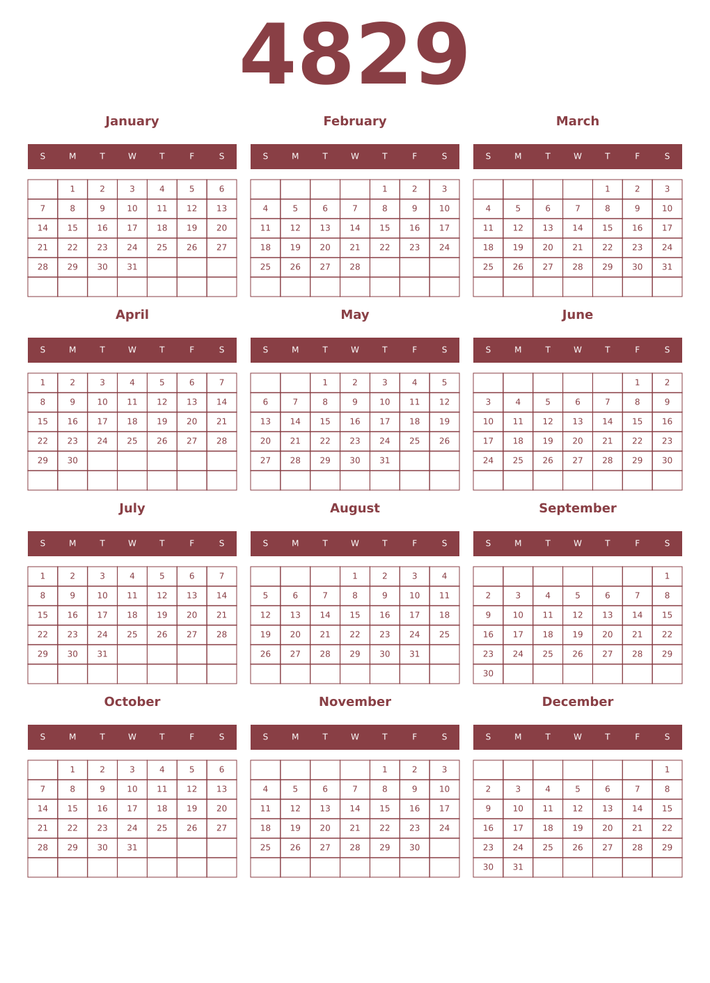 Printable 4829 Year Calendars cordovan