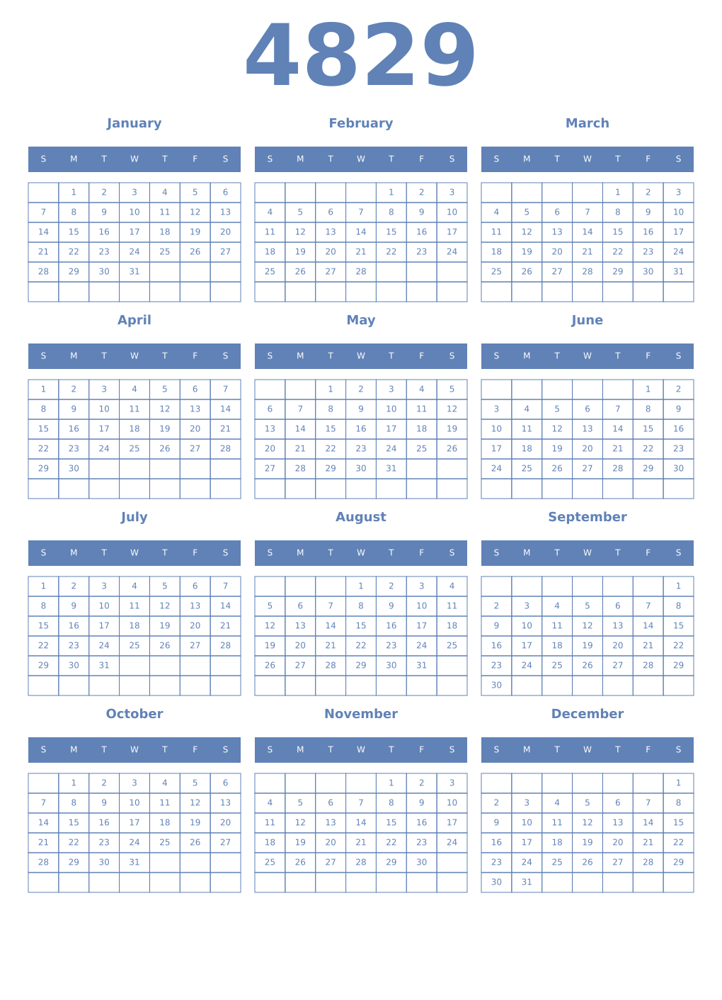 Printable 4829 Year Calendars glaucous