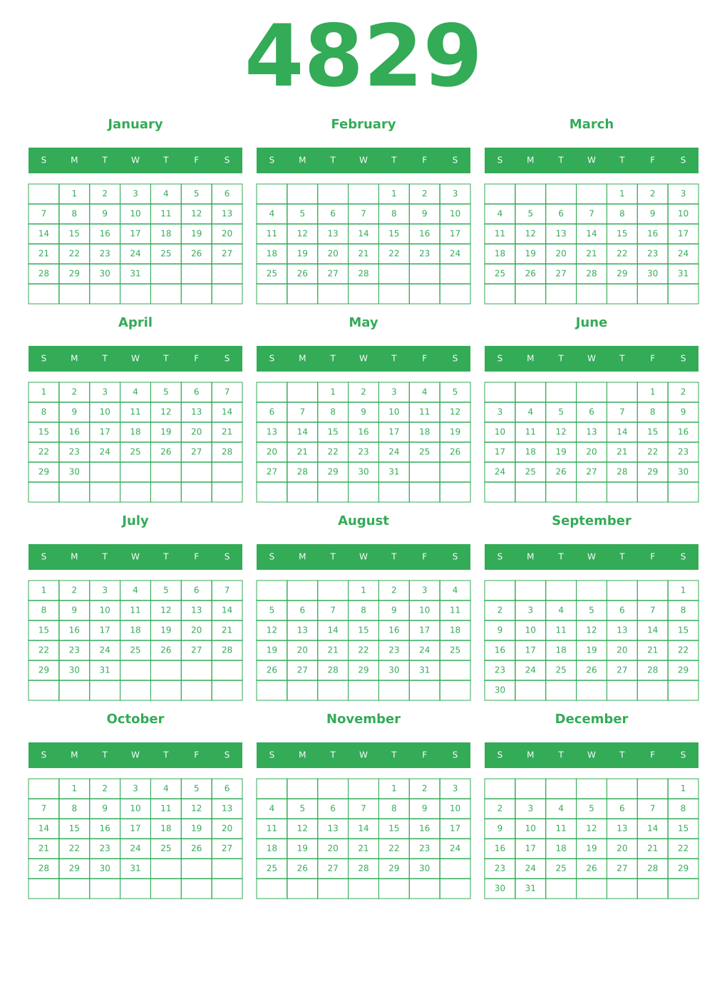 Printable 4829 Year Calendars green