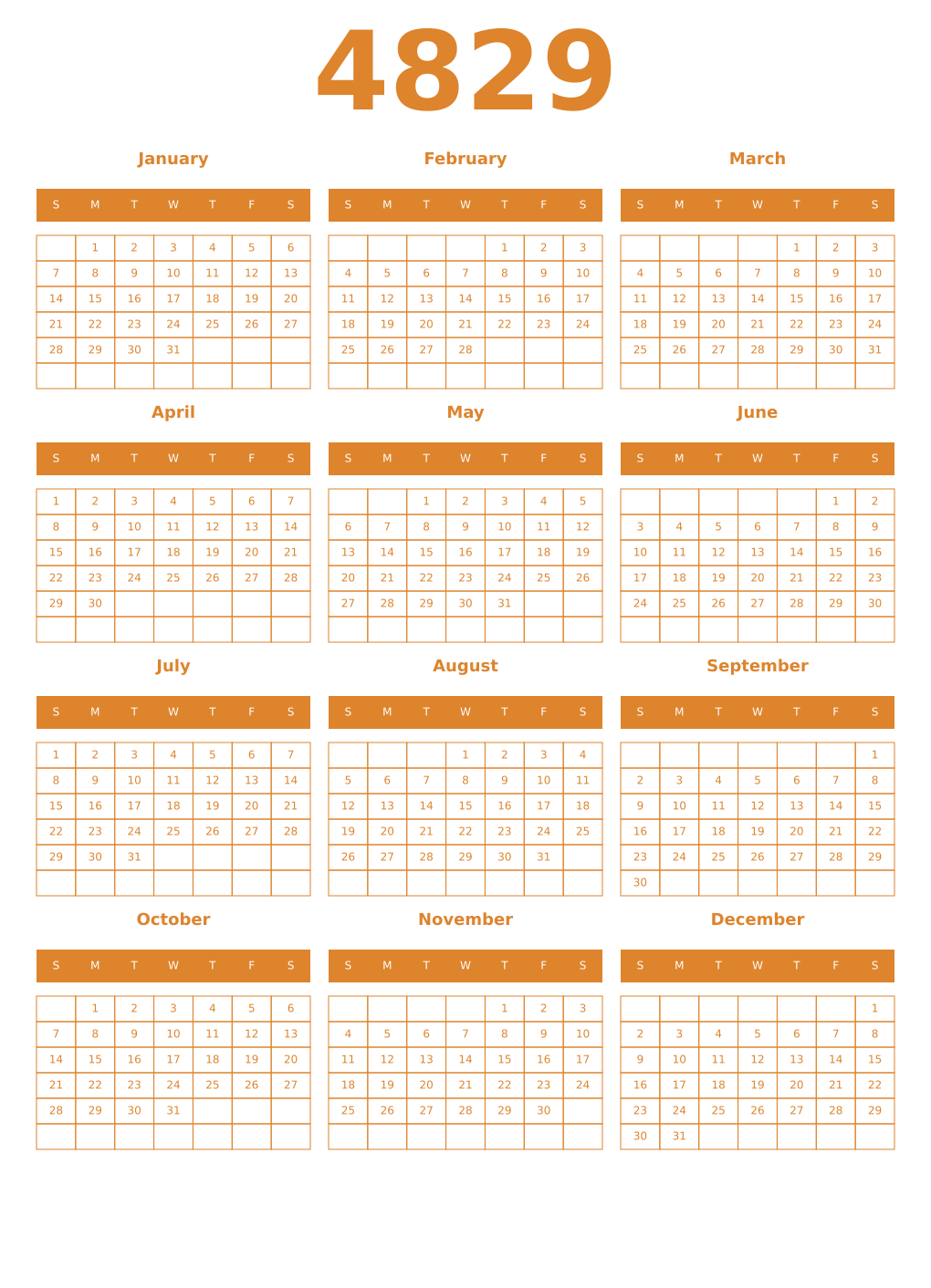 Printable 4829 Year Calendars orange