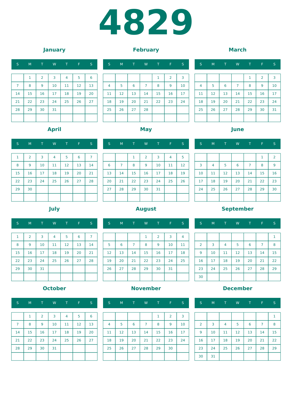 Printable 4829 Year Calendars pastel