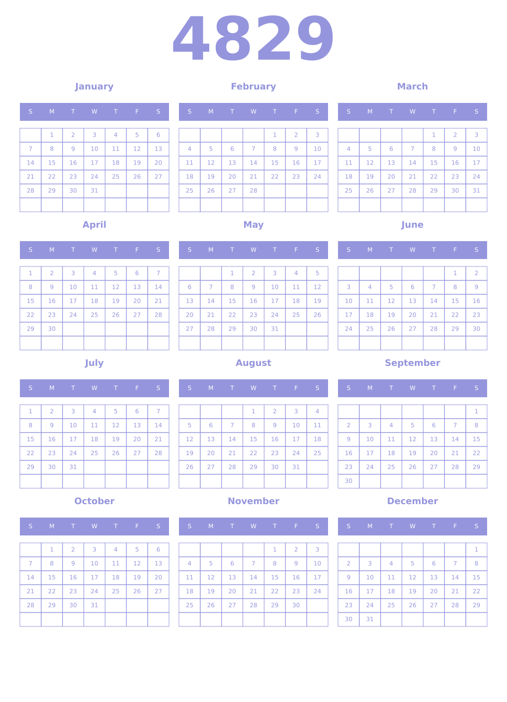 Printable 4829 Year Calendars periwinkle