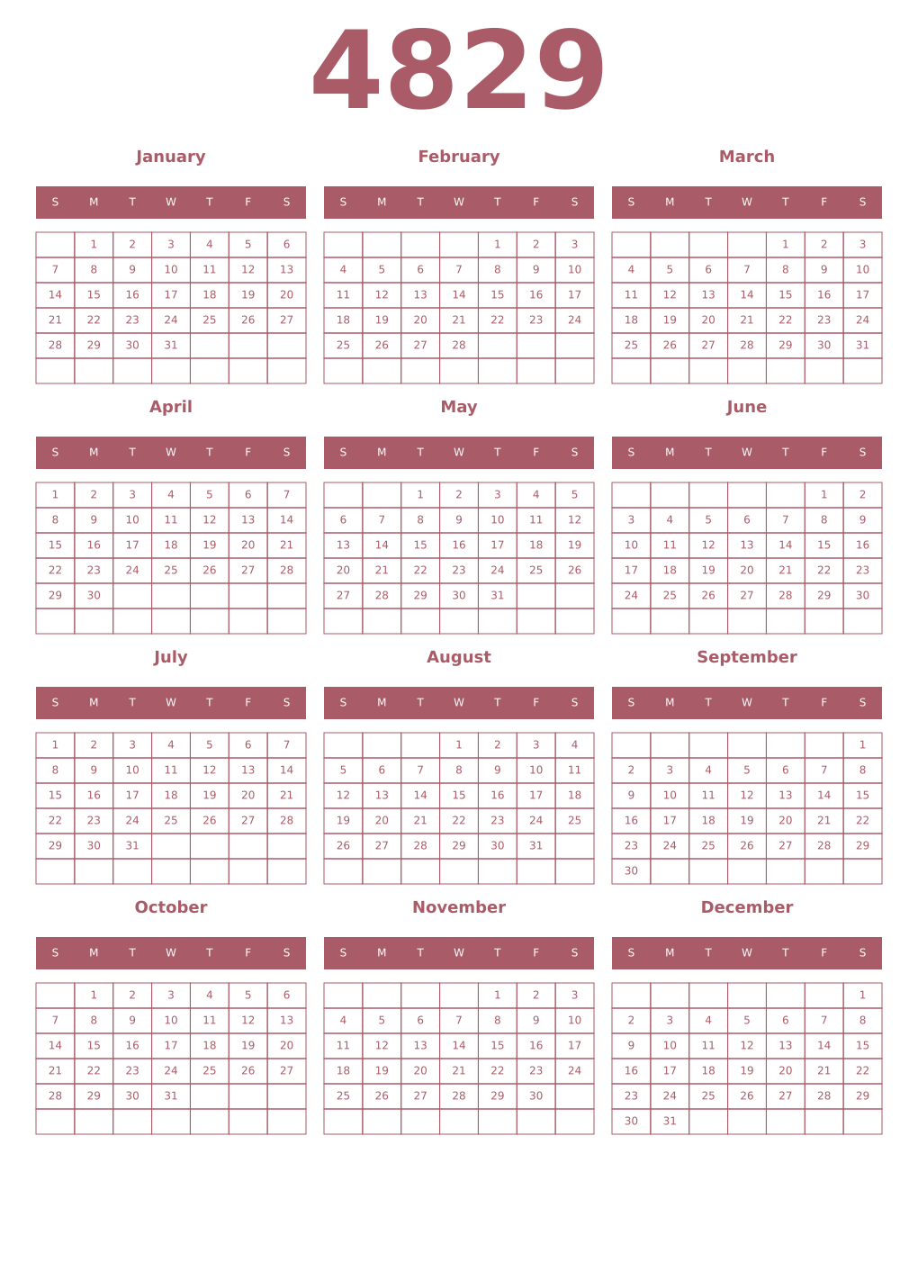 Printable 4829 Year Calendars puce
