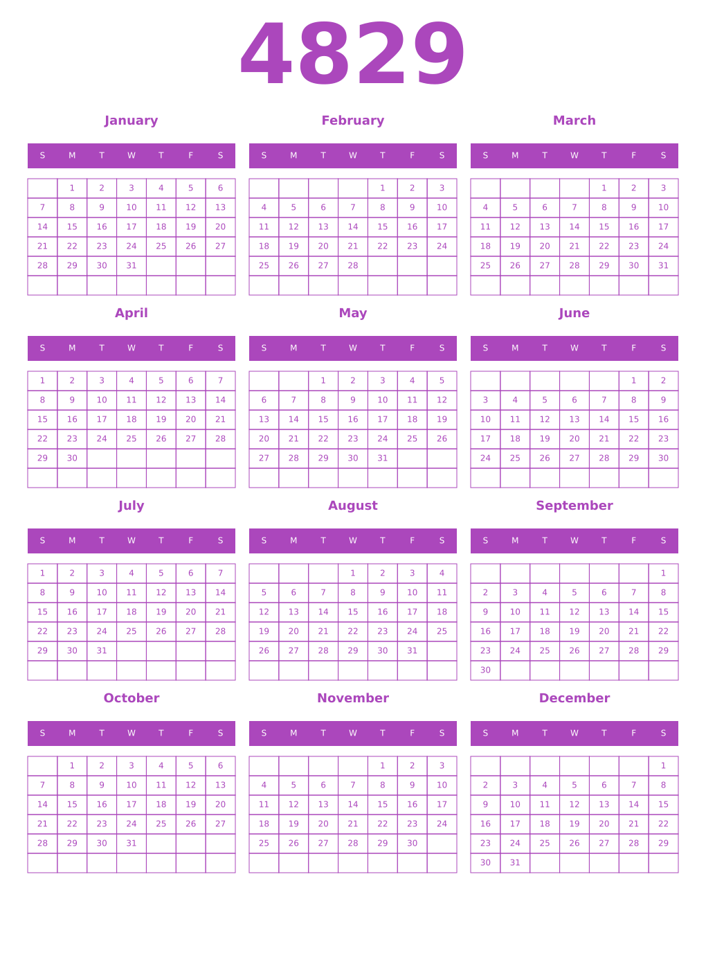Printable 4829 Year Calendars purple