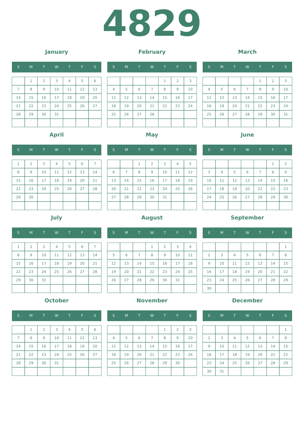 Printable 4829 Year Calendars viridian